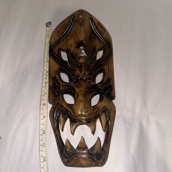 Philippine Wooden Mask Wall Decor Fangs Vintage 13"X6” Wood Hand Carved Guam
